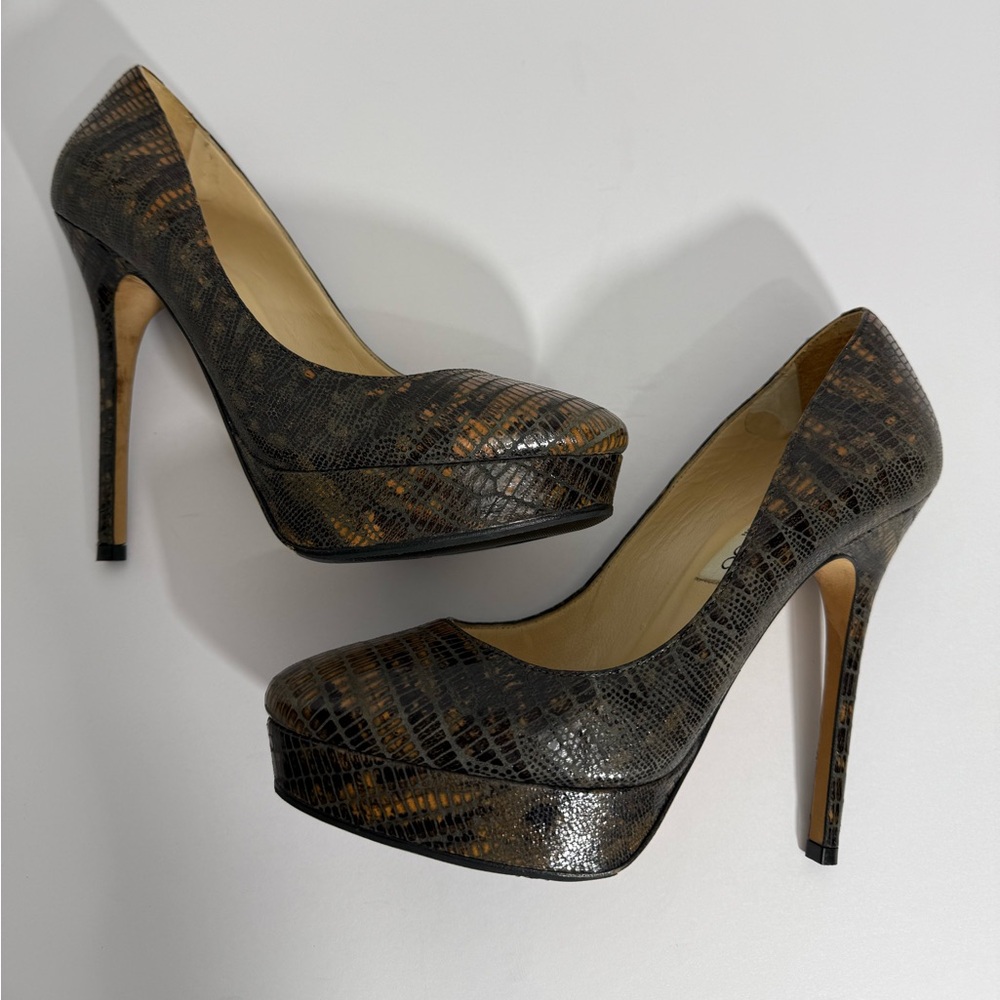 Jimmy Choo-Brown/Gold, Lizard Embossed, Anthracite, Platform, Pump/Heel. Sz-37.5 - Picture 6 of 11